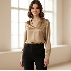 Elie Tahari Silk Satin Bronze Gold Women's Long Sleeve V Neck Shirt XS Nwot $298